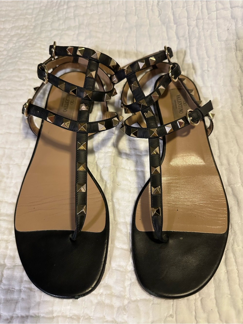 Valentino Garavani Black Leather Rockstud T-Strap Sandals